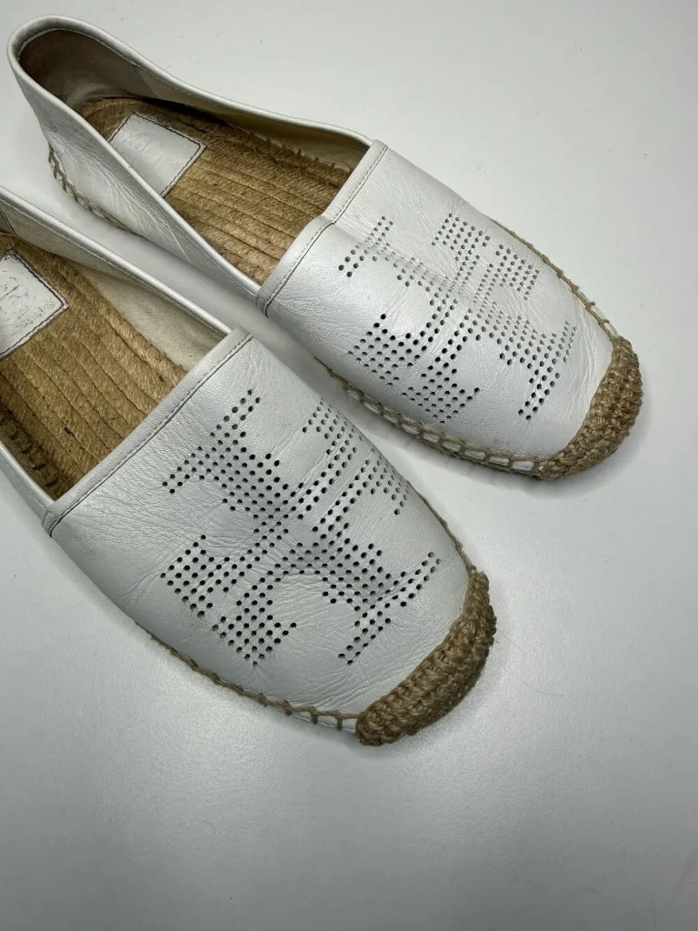 Tory Burch Perforated Logo Espadrille Womens 9.5 White Leather Jute Trim Flats